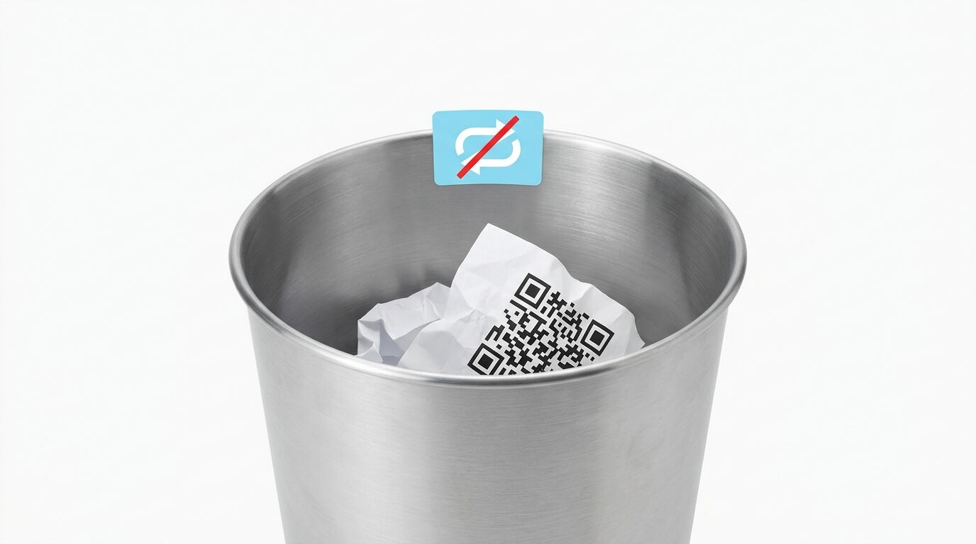 Ein Papierzettel mit QR-Code liegt in einem Metallbehälter. Das Symbol oben zeigt ein durchgestrichenes "P"