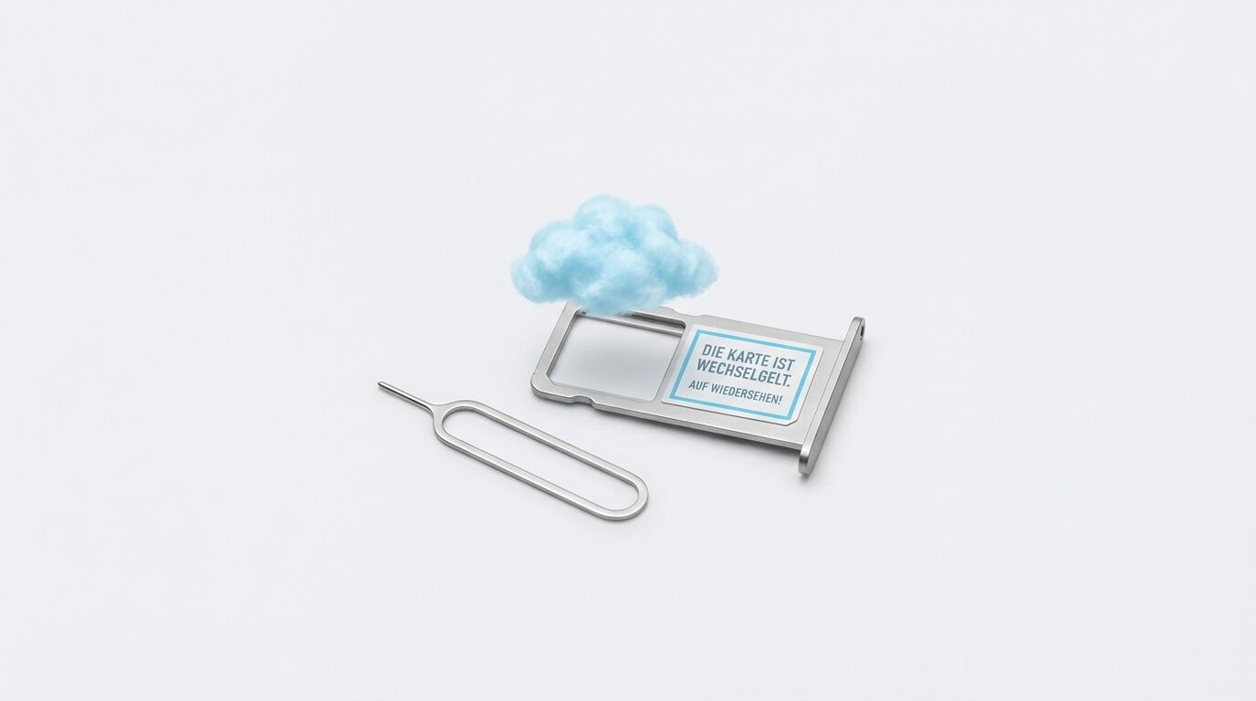 SIM-Kartenschacht mit blauer Wolke und Auswurftool auf hellem Hintergrund. Text: "Die Karte ist wechselgelt. Auf wiedersehen"