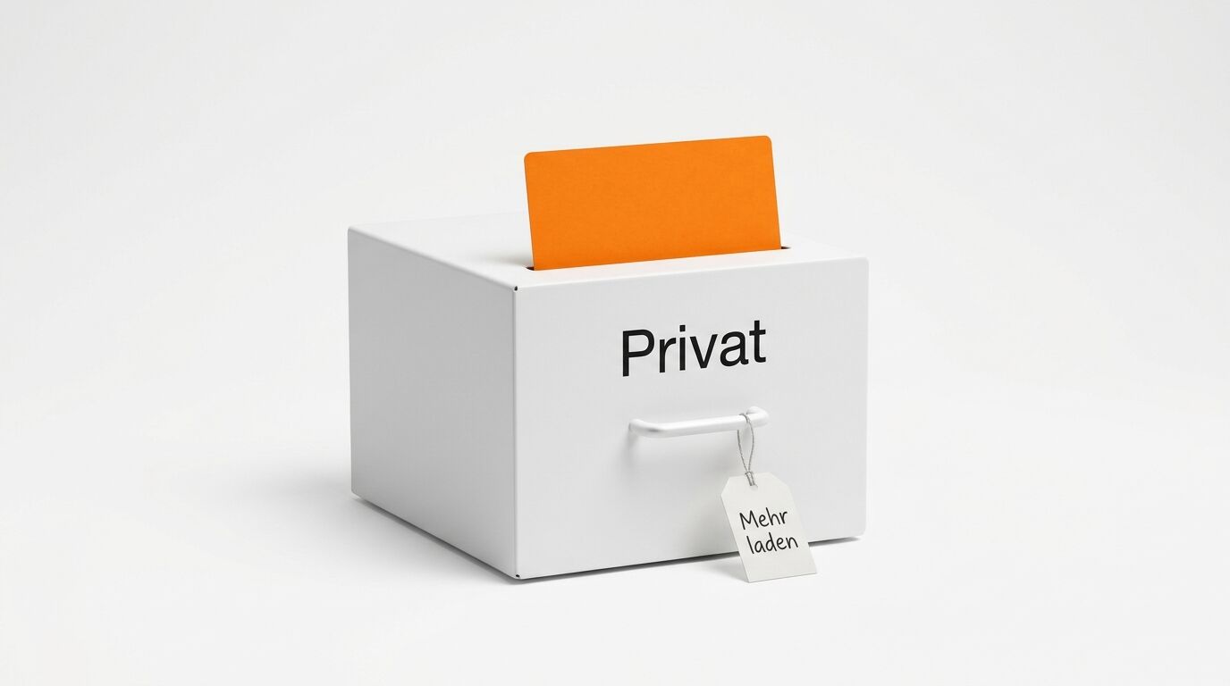 Weiße Box mit Aufschrift „Privat“, einer orange Karte im Schlitz und einem Etikett „Mehr laden“