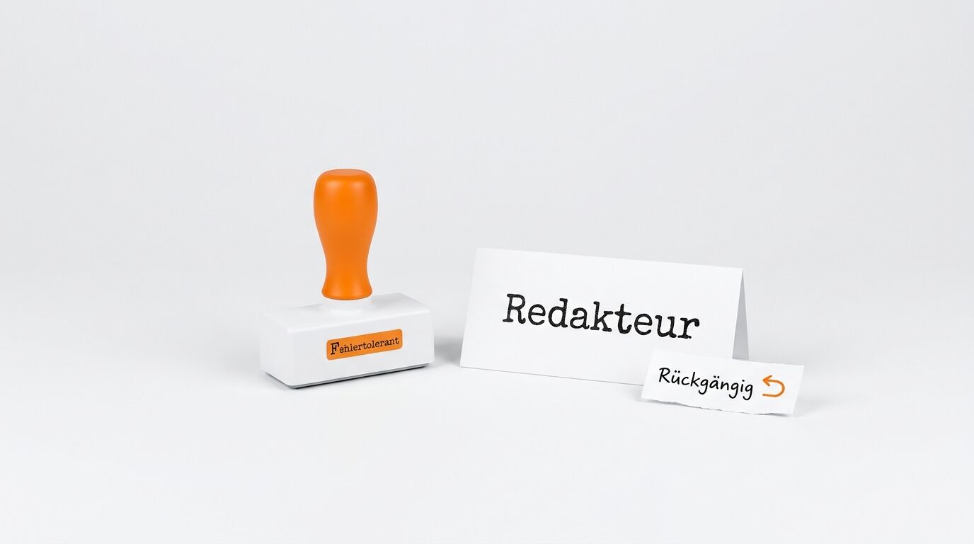 Stempel: Fehlertolerant. Karte: Redakteur. Zettel: Rückgängig, Pfeil. Weißer Hintergrund