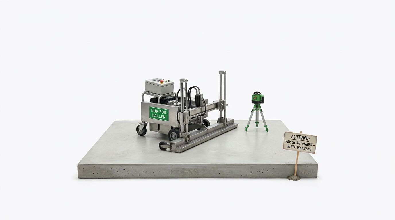 Maschine, Messgerät und Warnschild auf einer Betonplatte