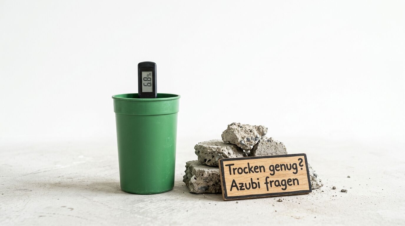Grüner Becher, digitaler Feuchtigkeitsmesser, Steine und Holzschild vor weißem Hintergrund
