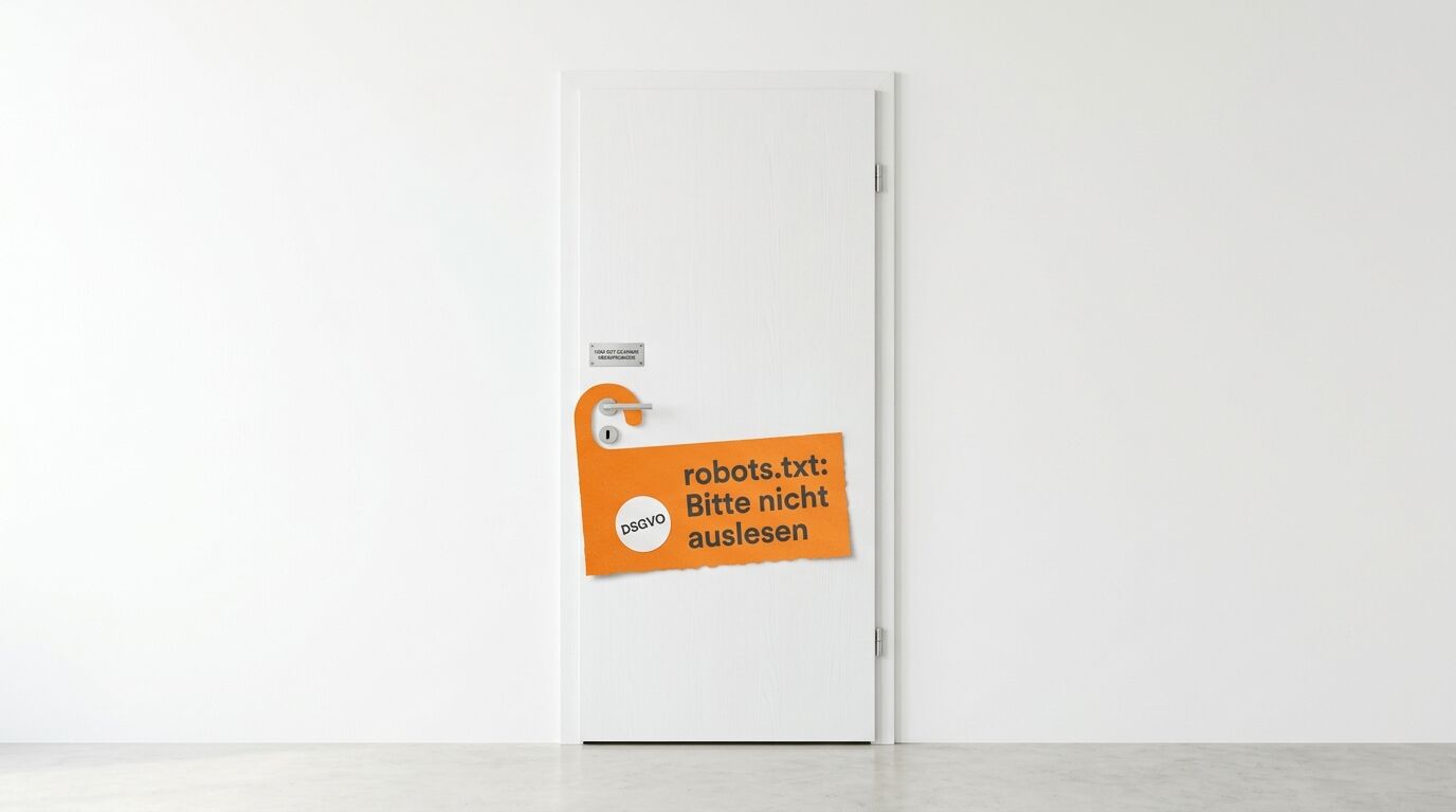 Ein oranges Schild mit der Aufschrift „robots.txt Bitte nicht auslesen“ und „DSGVO“-Siegel hängt an einer weißen Tür
