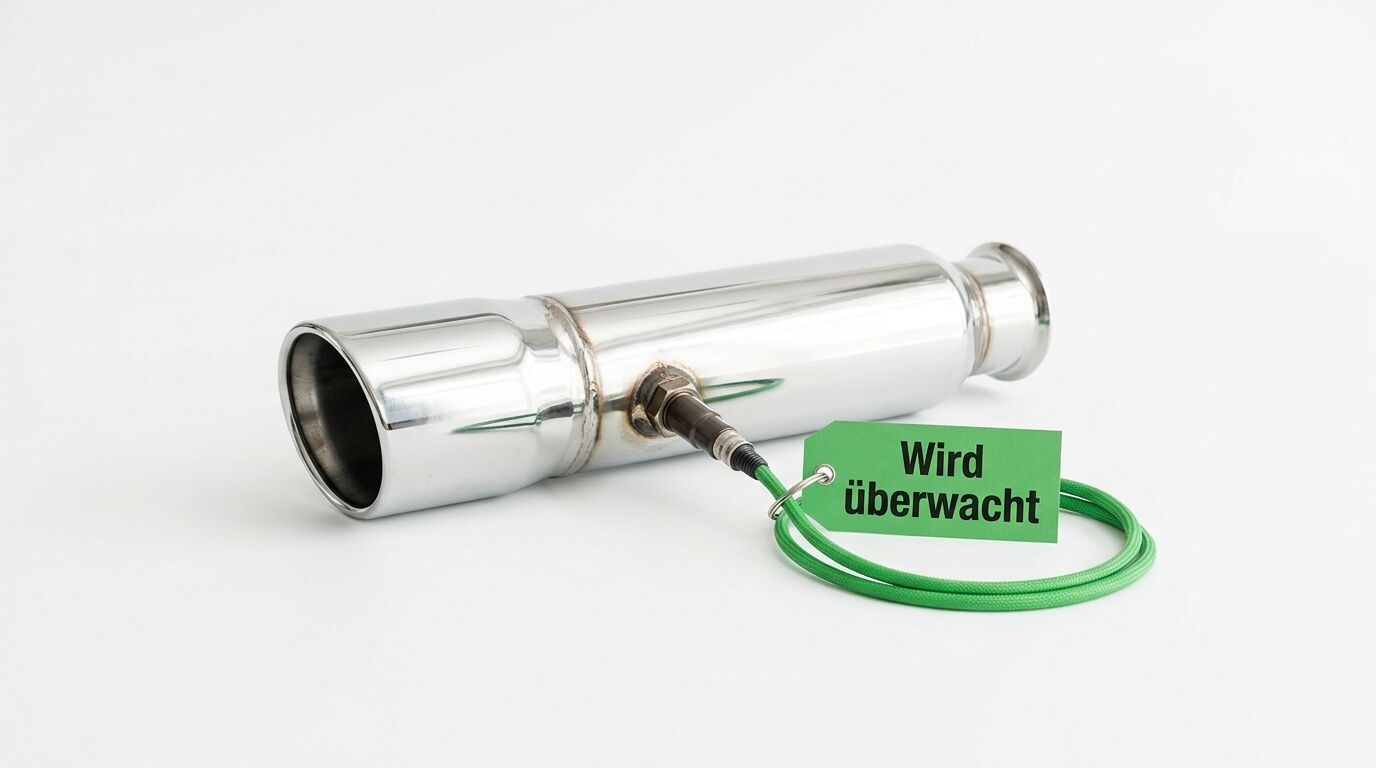 Auspuffrohr mit Lambdasonde und grünem Anhänger mit Text