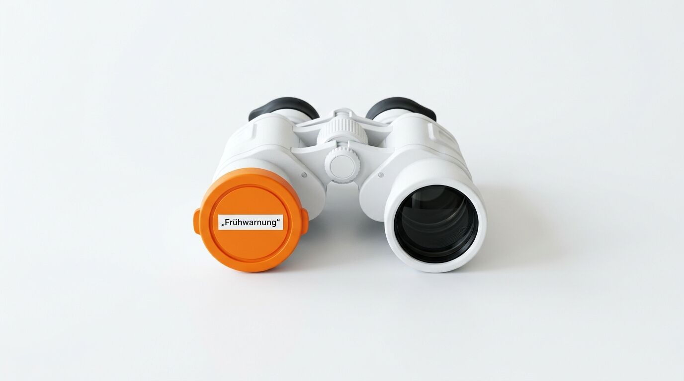 Weißes Fernglas, ein Objektivdeckel orange mit Aufschrift „Frühwarnung“