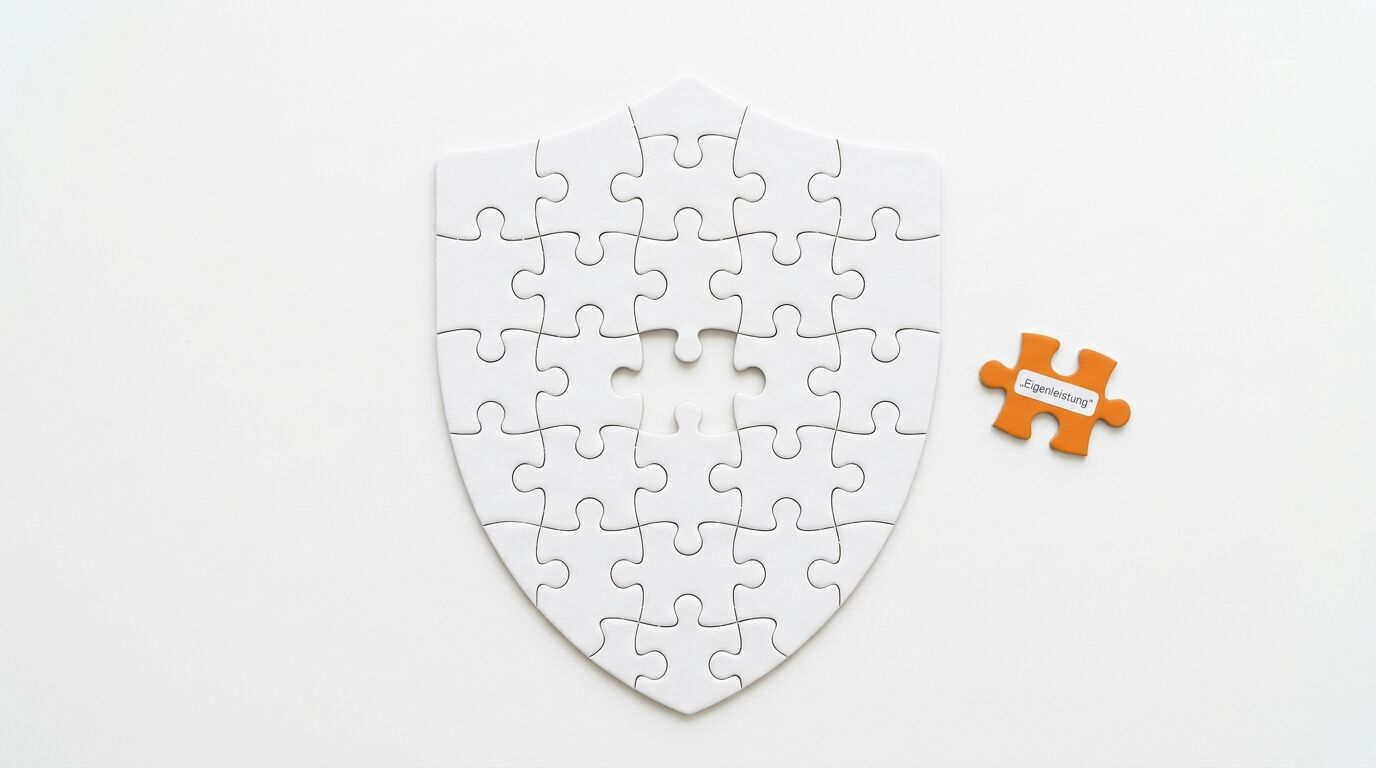 Schild-Puzzle mit Lücke, daneben oranges Teil mit Text „Eigenleistung“