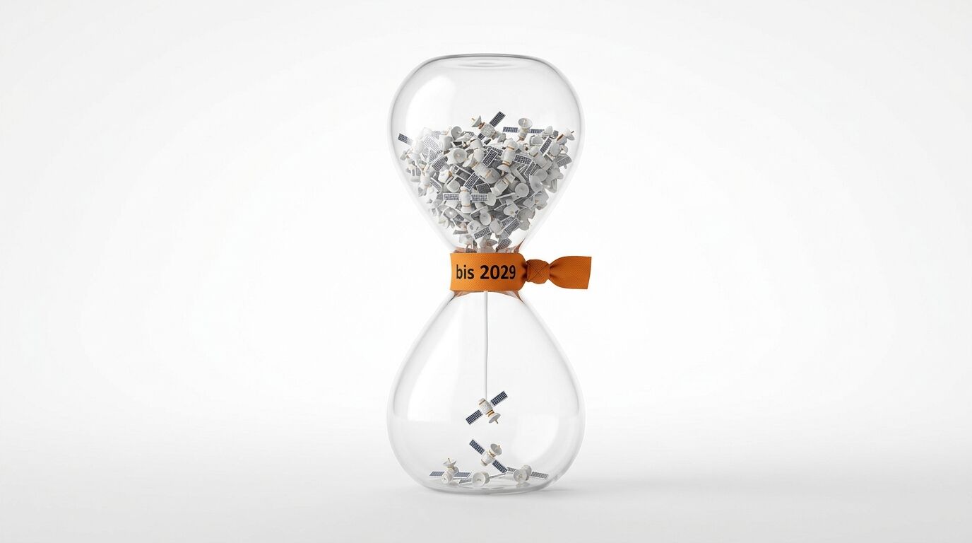 Eine Sanduhr mit Satellitenfüllung und orangefarbener Schleife mit Text „bis 2029“