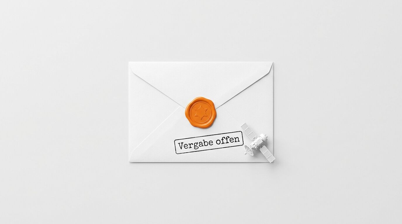 Umschlag mit Siegel, Stempel „Vergabe offen“ und Satellitenmodell auf hellem Grund