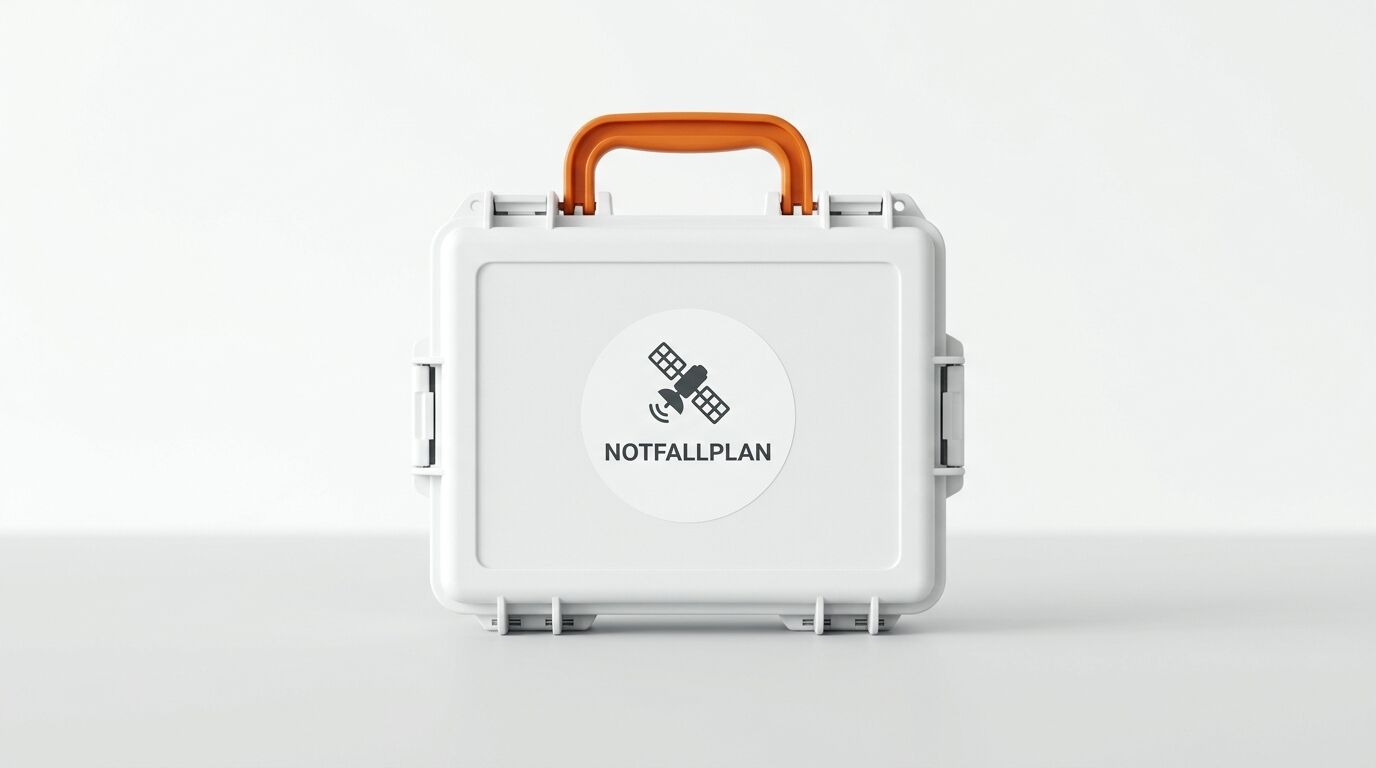 Weißer Schutzkoffer mit orangem Griff und Aufkleber „NOTFALLPLAN“ sowie Satelliten-Piktogramm