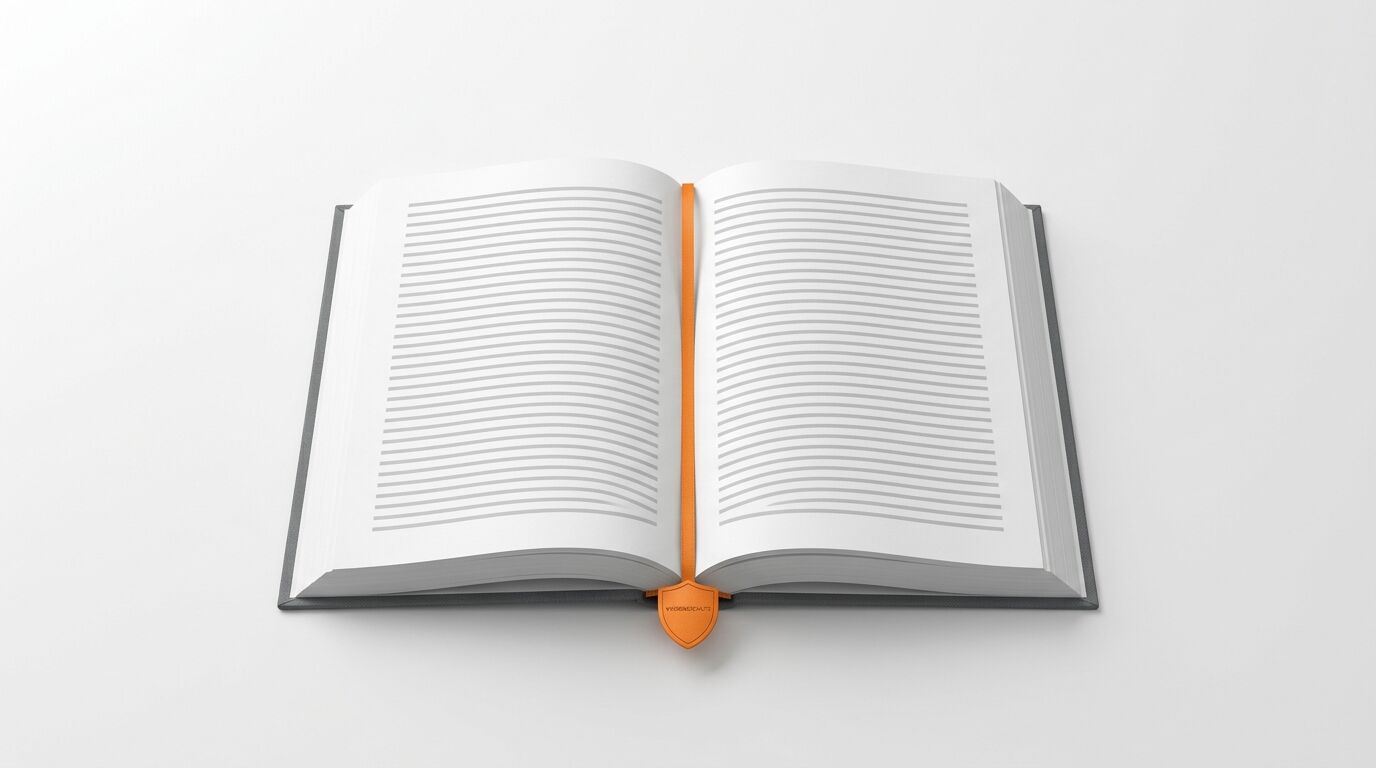 Ein aufgeschlagenes graues Buch mit einem orangefarbenen Lesebändchen
