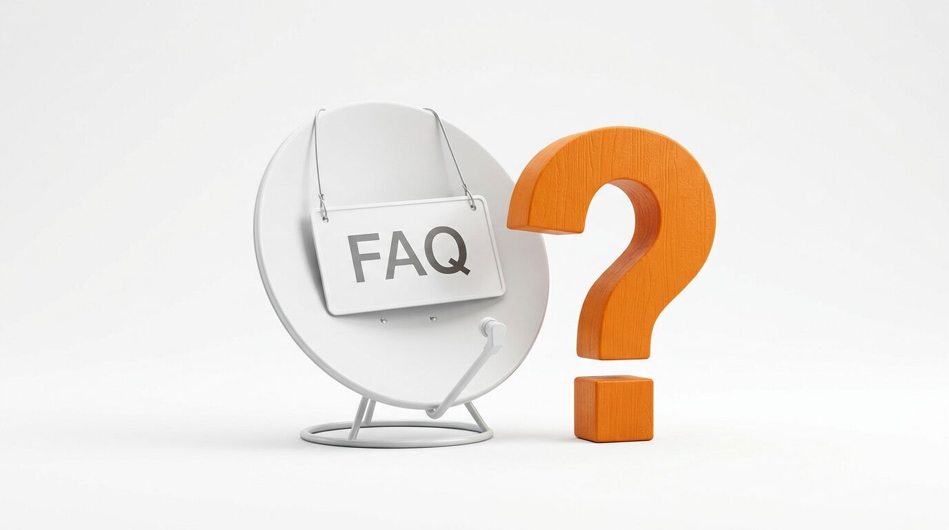 Eine Satellitenschüssel mit einem FAQ-Schild daneben, daneben ein orangefarbenes Fragezeichen