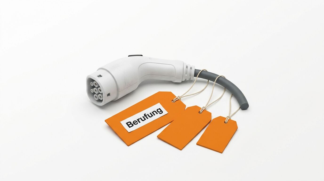Ladestecker für E-Auto mit drei orangen Anhängern, der größte trägt die Aufschrift „Berufung“