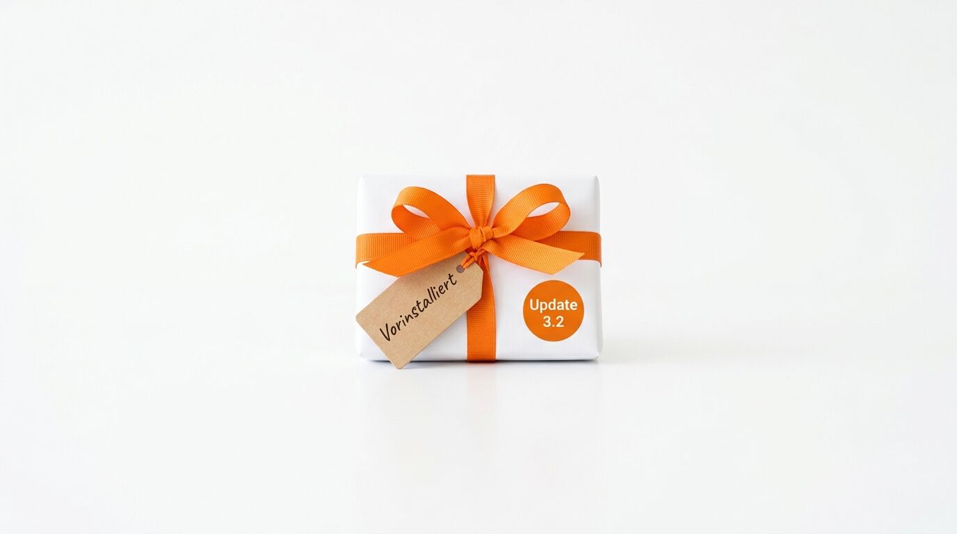 Weißes Geschenk mit orangefarbener Schleife, Anhänger „Vorinstalliert“ und Sticker „Update 3.2“