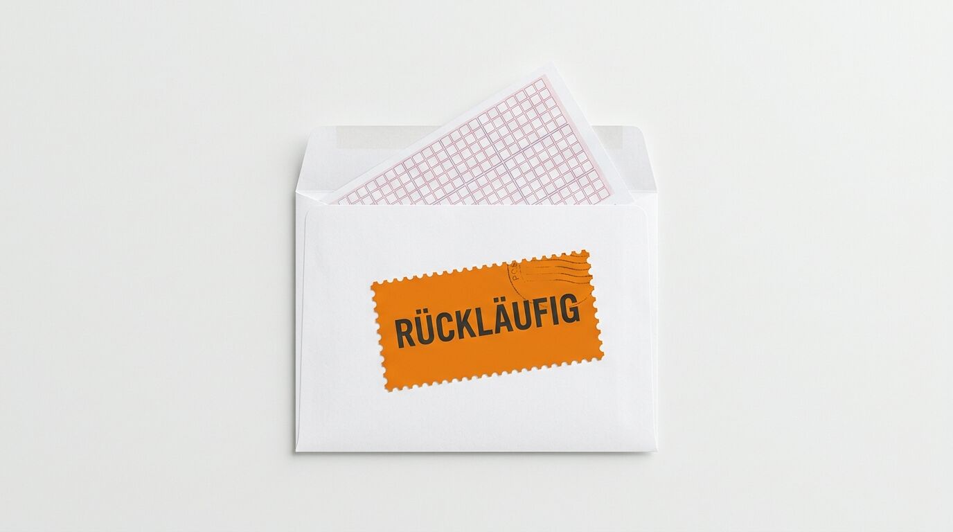 Briefumschlag mit Briefmarke und Aufschrift „RÜCKLÄUFIG“ auf weißem Grund