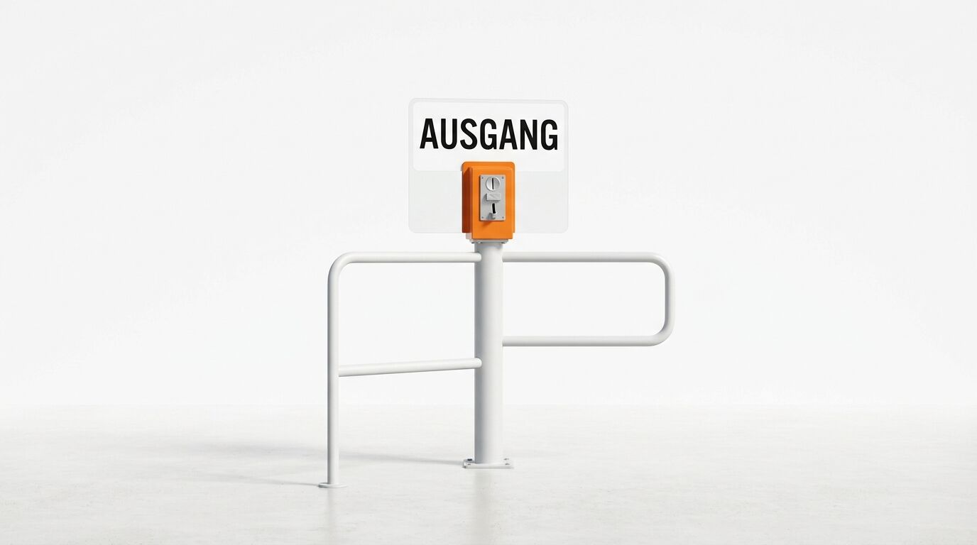 Drehkreuz mit Münzschlitz, weißem Rahmen und „AUSGANG“-Schild auf weißem Grund