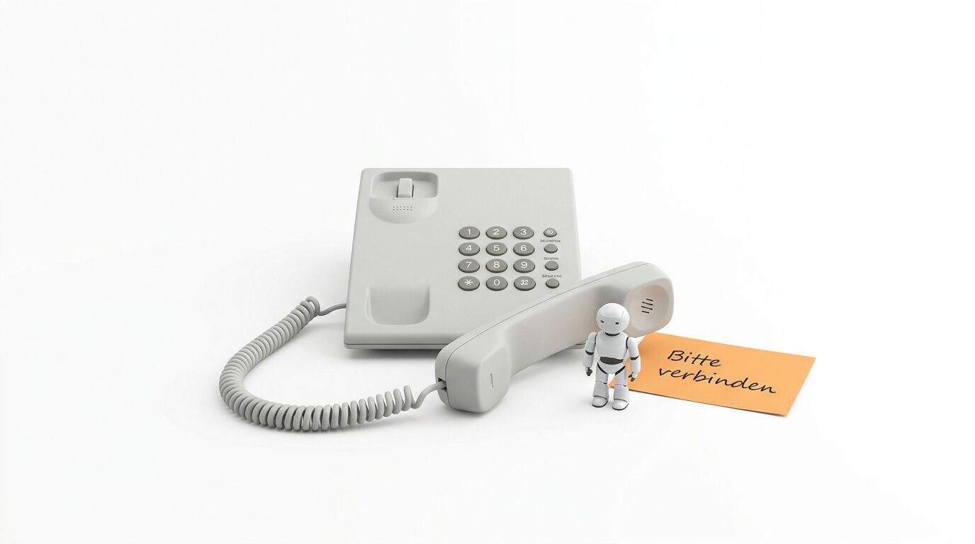 Graues Tasten-Telefon, Hörer daneben mit Roboterfigur und orangefarbener Notiz „Bitte verbinden“