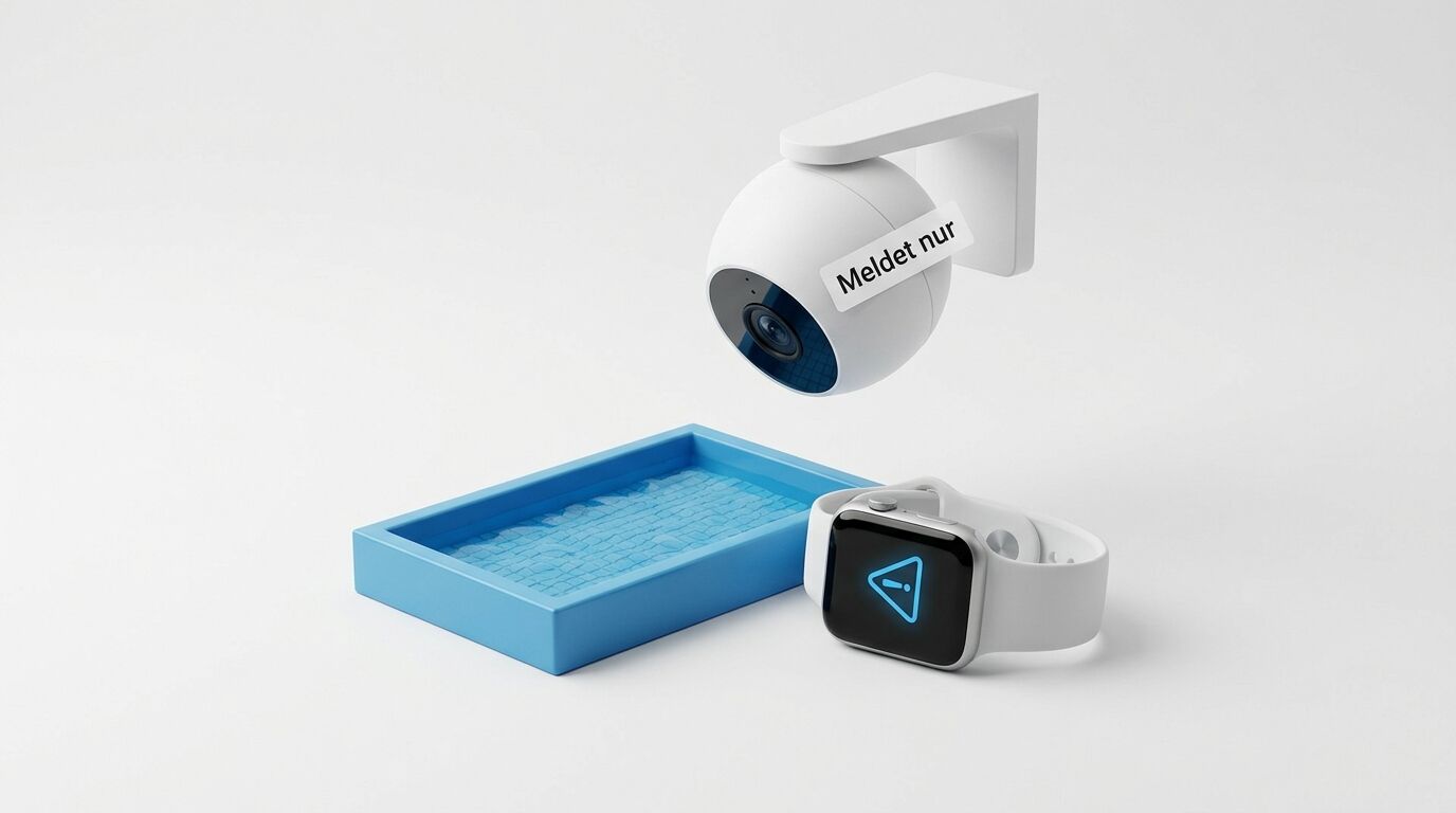 Kamera mit Textetikett über Miniaturpool und Smartwatch mit Warnsymbol