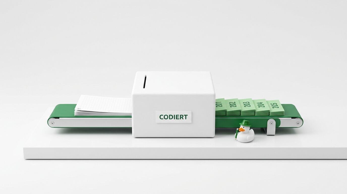 Prozess vom Blanco-Zettel über die Codier-Maschine zum nummerierten Schein, bewacht von einer Ente