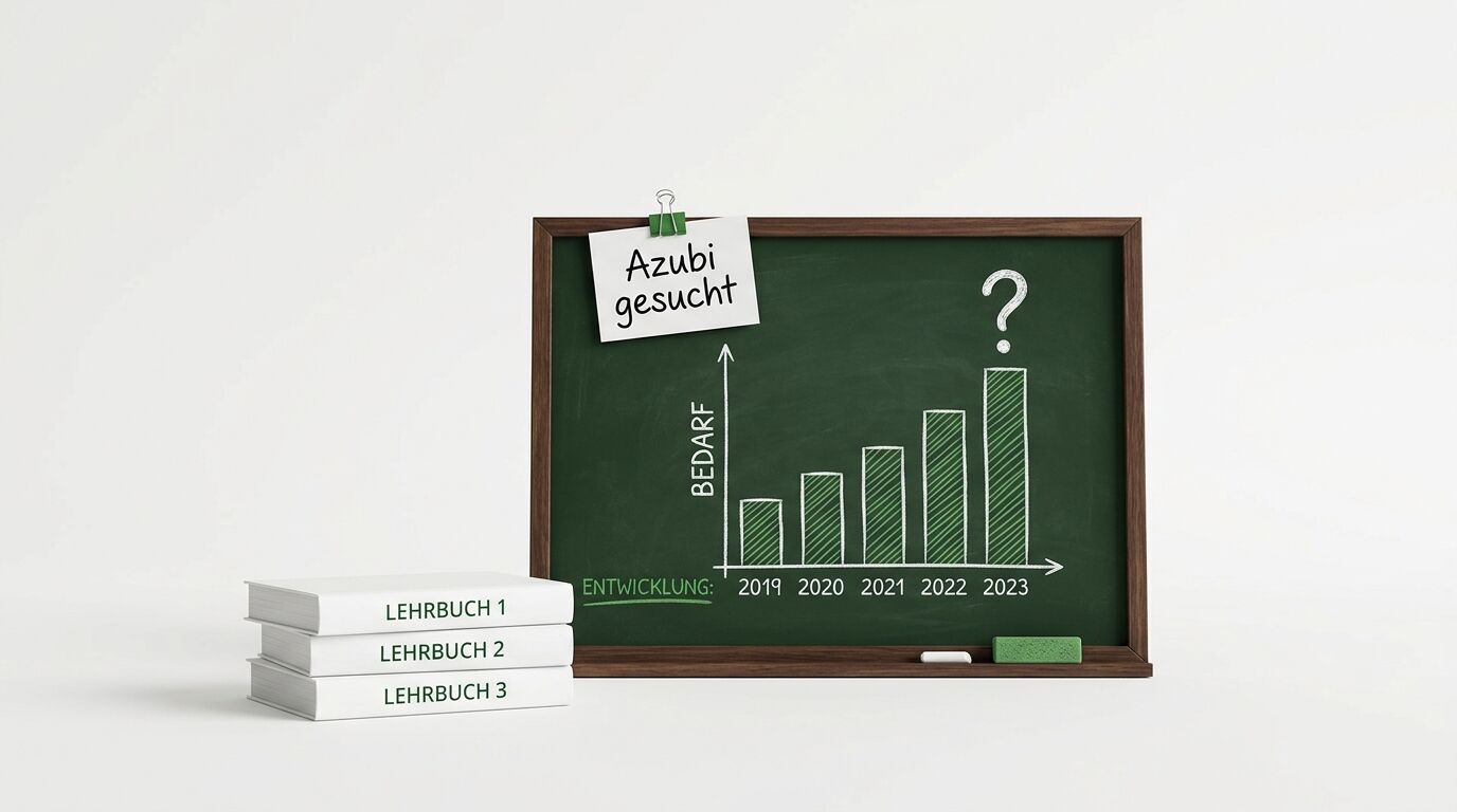 Tafel mit Grafik zum Azubi-Bedarf 2019-2023 und Lehrbüchern daneben vor weißem Grund