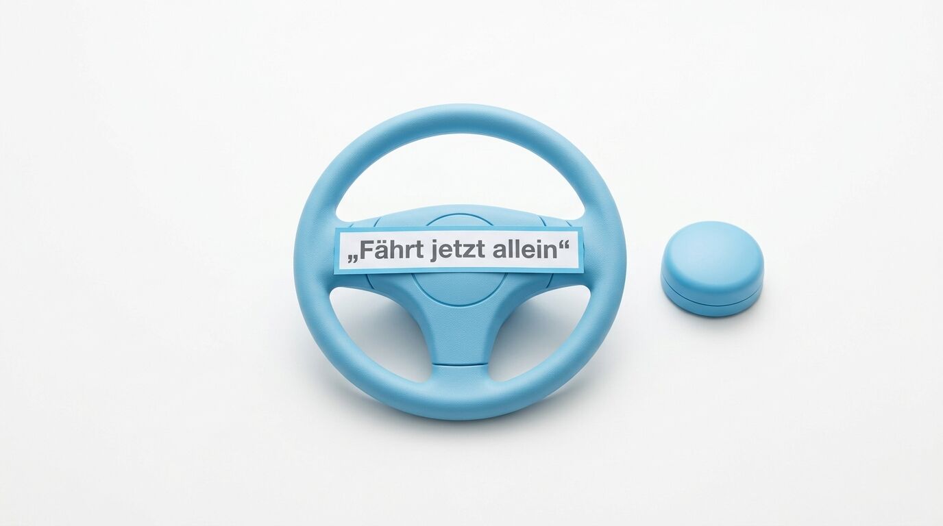 Blaues Lenkrad mit Textband „Fährt jetzt allein“ und blauem Knopf auf Weiß