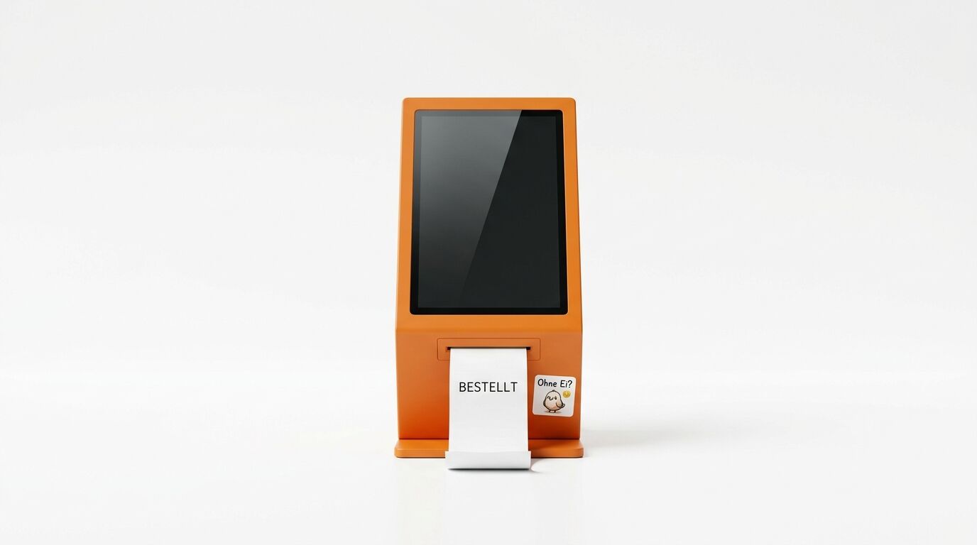 Oranger Kiosk mit Bildschirm, Bon „BESTELLT“ und Sticker „Ohne Ei?“ auf Weiß