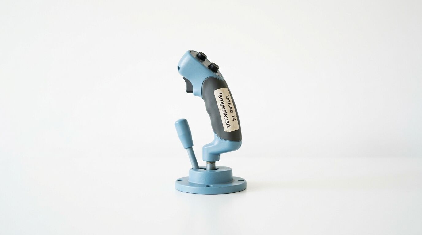 Industrie-Joystick mit Standfuß und deutscher Beschriftung auf hellgrauem Grund