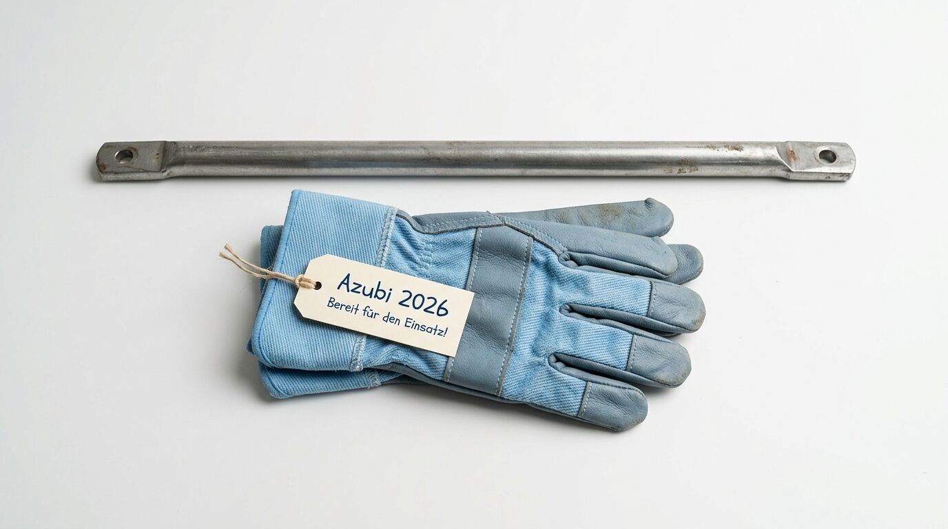 Metallstange und blaue Handschuhe mit Tag, weißer Hintergrund