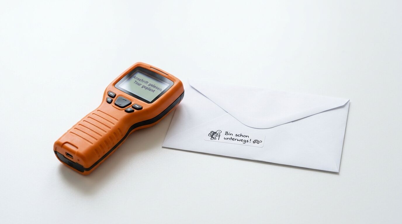 Handscanner und Brief mit Aufkleber liegen auf einer weißen Oberfläche