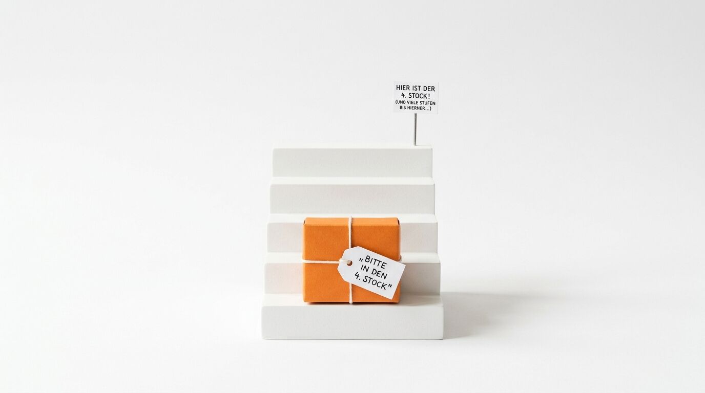 Oranges Paket auf weißer Miniaturtreppe mit Hinweisschild oben, Studioaufnahme vor weiß
