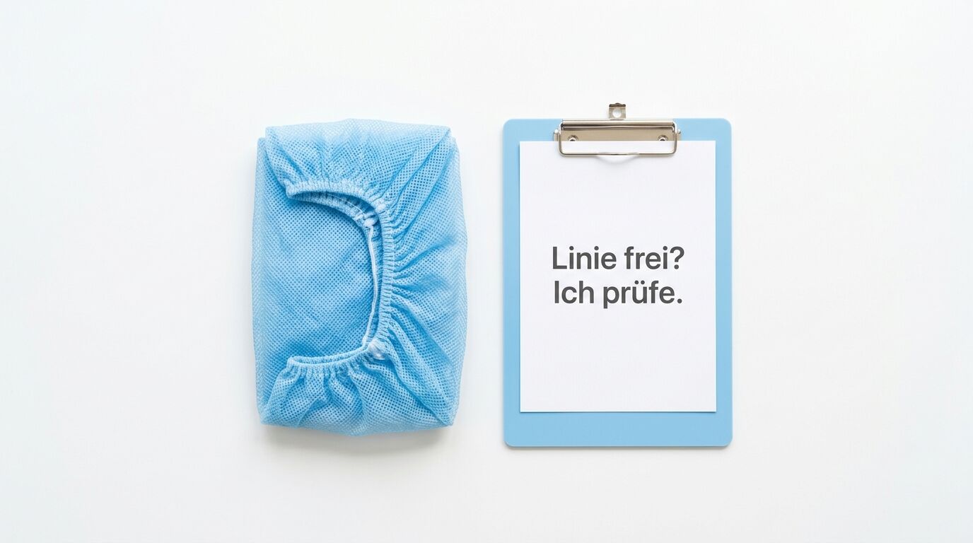 Draufsicht auf eine gefaltete, blaue Einweg-Haube und ein hellblaues Klemmbrett mit Text