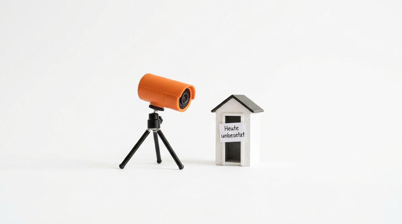 Kamera auf Stativ neben unbesetztem Miniatur-Wachhaus auf weißem Grund