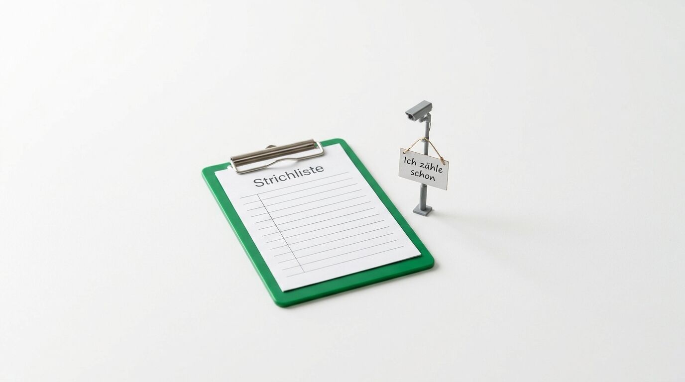 Klemmbrett mit Titel „Strichliste“ und daneben Miniatur-Kamera mit Schild „Ich zähle schon“