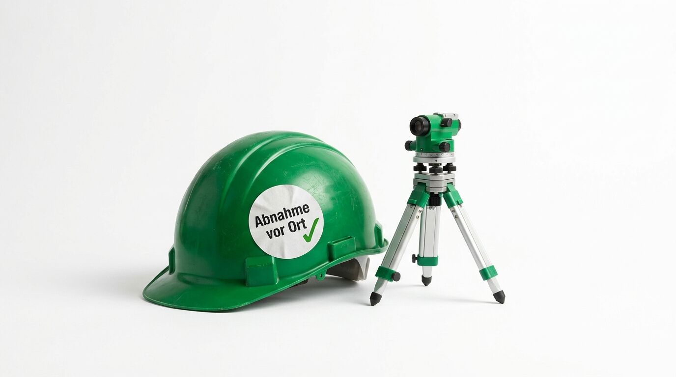 Grüner Helm mit Sticker „Abnahme vor Ort“ und Stativ vor weißem Hintergrund