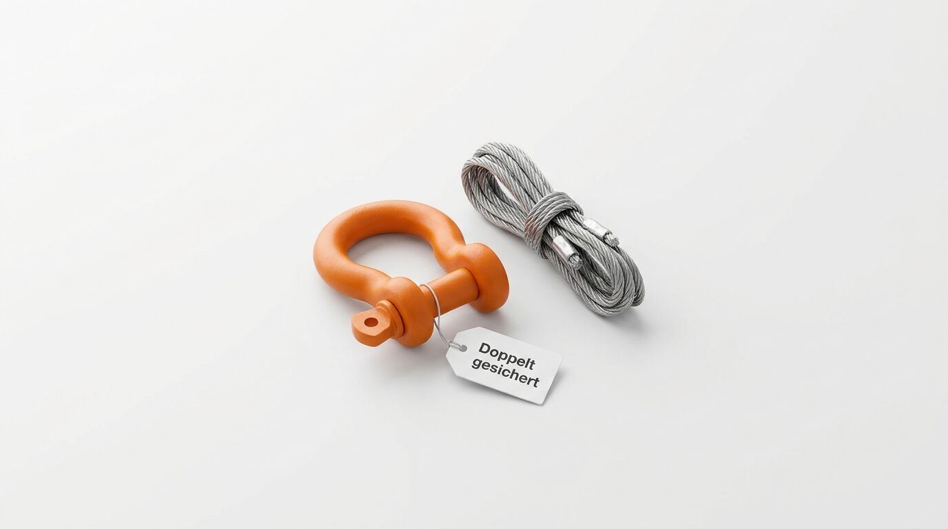 Ein orangefarbener Schäkel mit einem Anhänger „Doppelt gesichert“ und einem aufgerollten Stahlseil auf weißem Grund