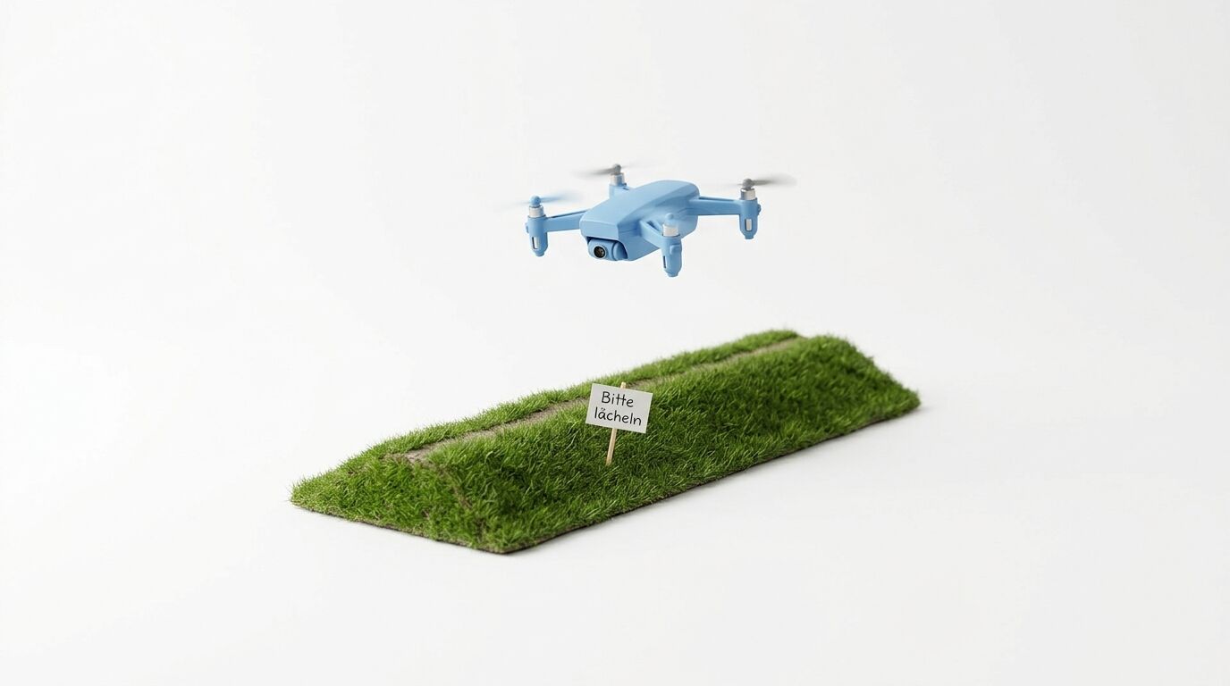 Blaue Mini-Drohne über Gras mit Schild „Bitte lächeln“