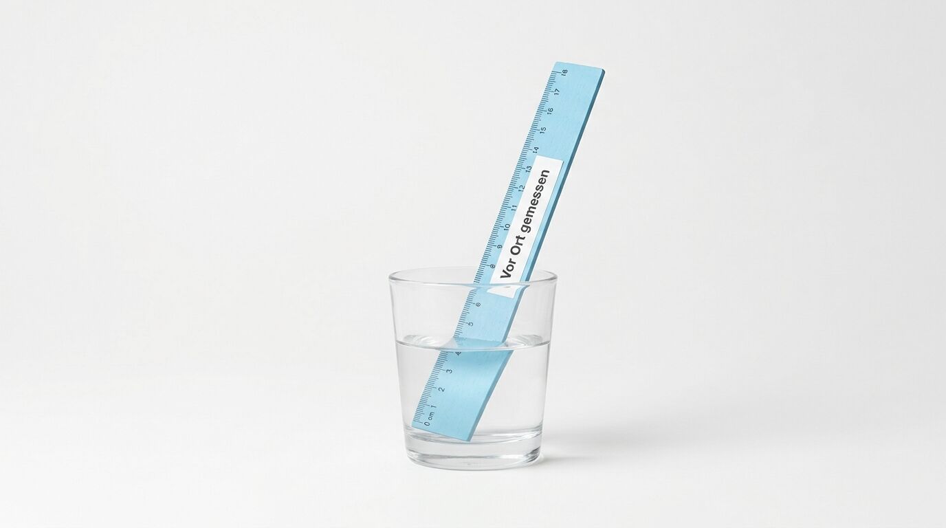 Blaues Lineal mit Aufschrift in Wasserglas