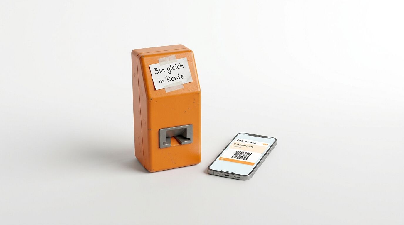 Oranger Entwerter mit Notiz „Bin gleich in Rente“ und Smartphone mit QR-Code-Fahrschein