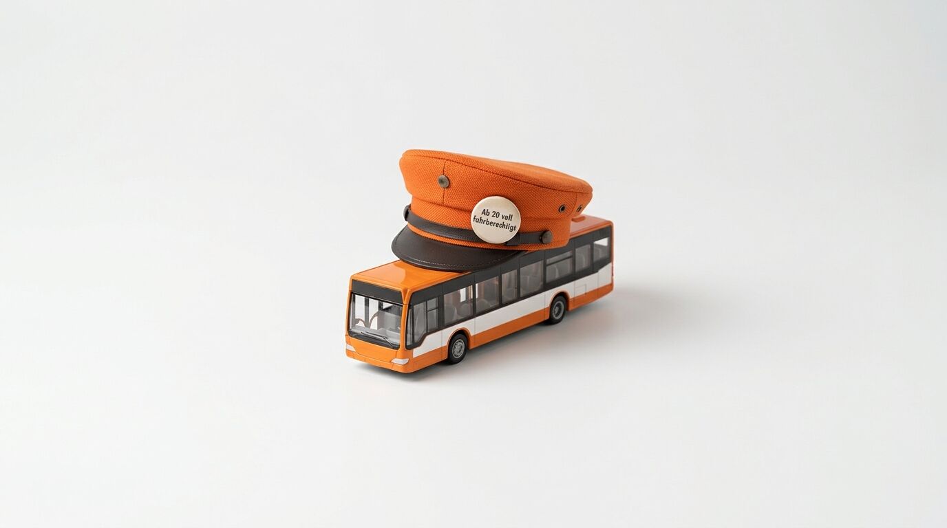 Ein Modellbus mit einer orangefarbenen Schirmmütze darauf steht vor weißem Hintergrund