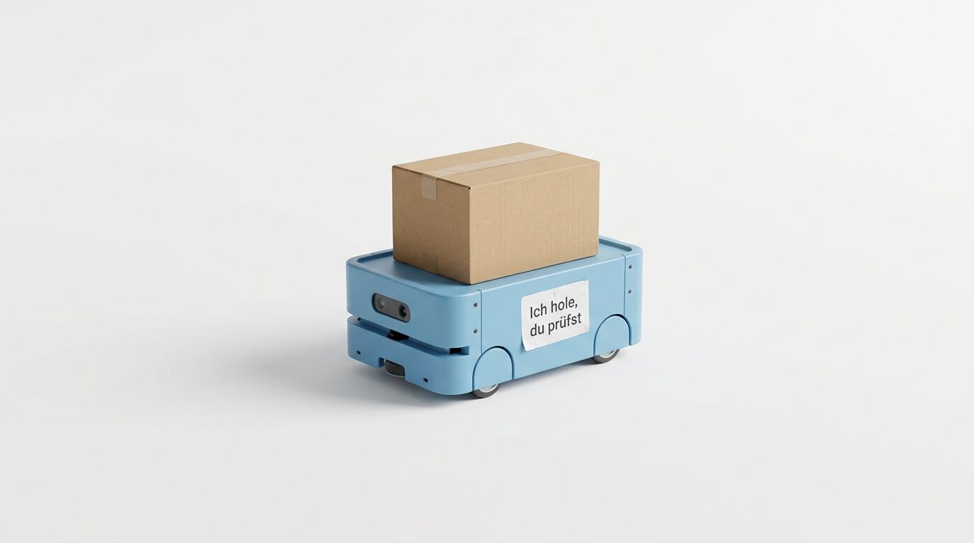 Ein kleiner blauer Transportroboter transportiert einen braunen Karton vor weißem Hintergrund