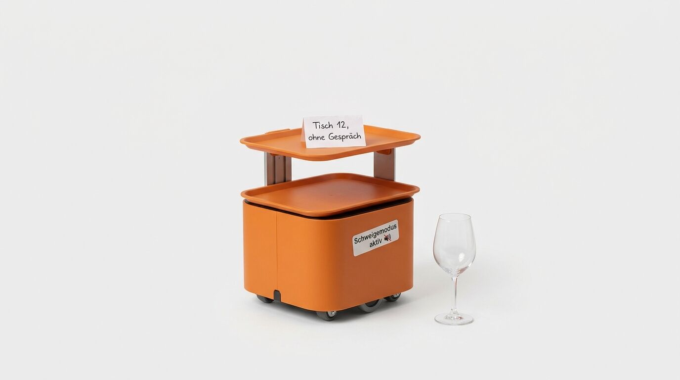 Oranger Lieferroboter mit Tabletts, beschrifteten Schildern und einem Weinglas daneben