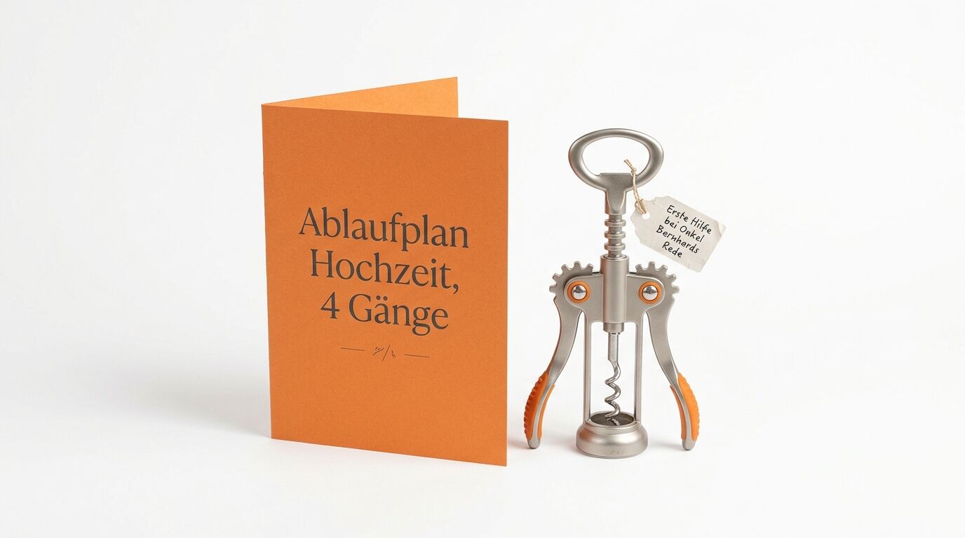 Oranges Kärtchen mit Hochzeitsablaufplan neben einem Korkenzieher mit Anhänger