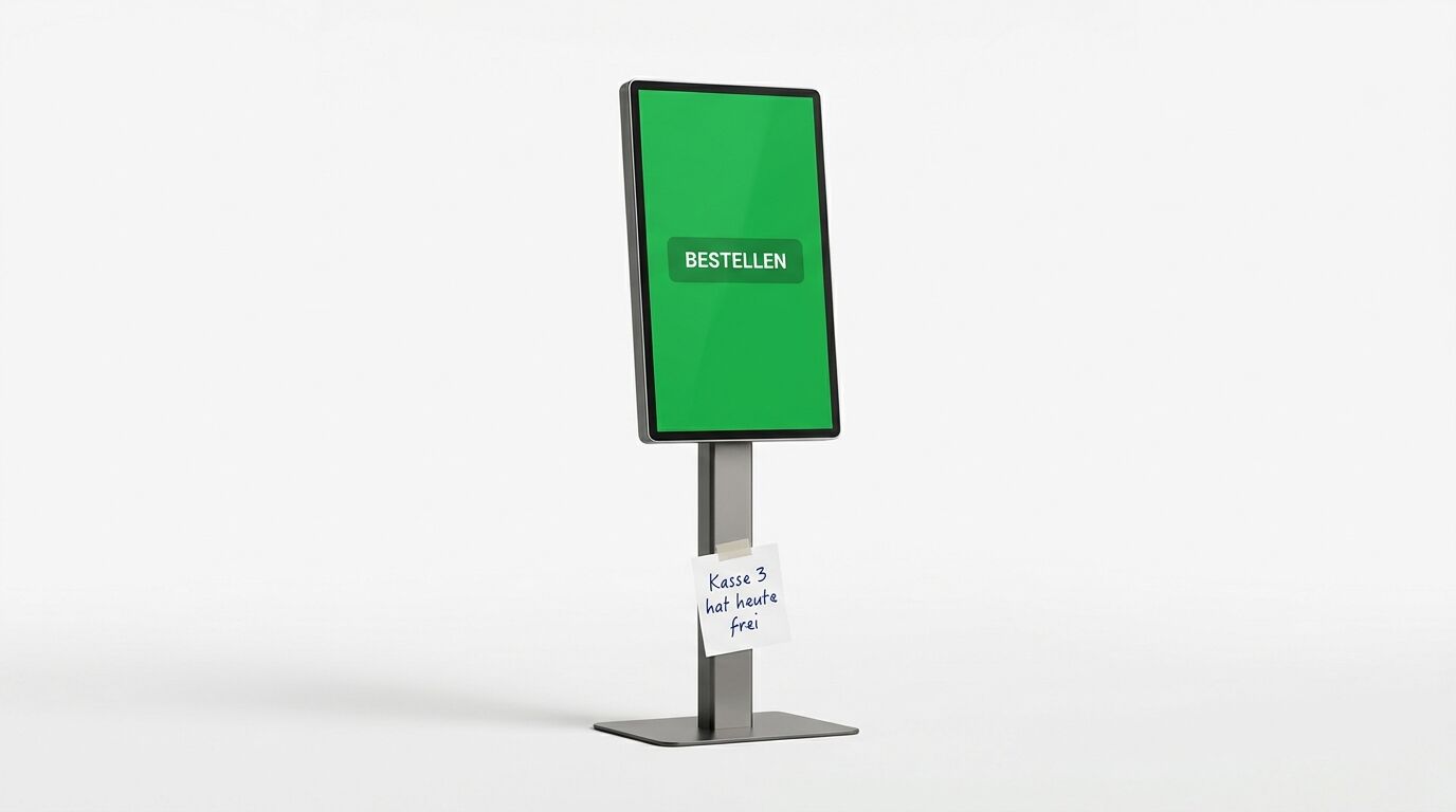 Digitalkiosk mit grünem „BESTELLEN“ Bildschirm und handgeschriebener Notiz auf hellem Hintergrund