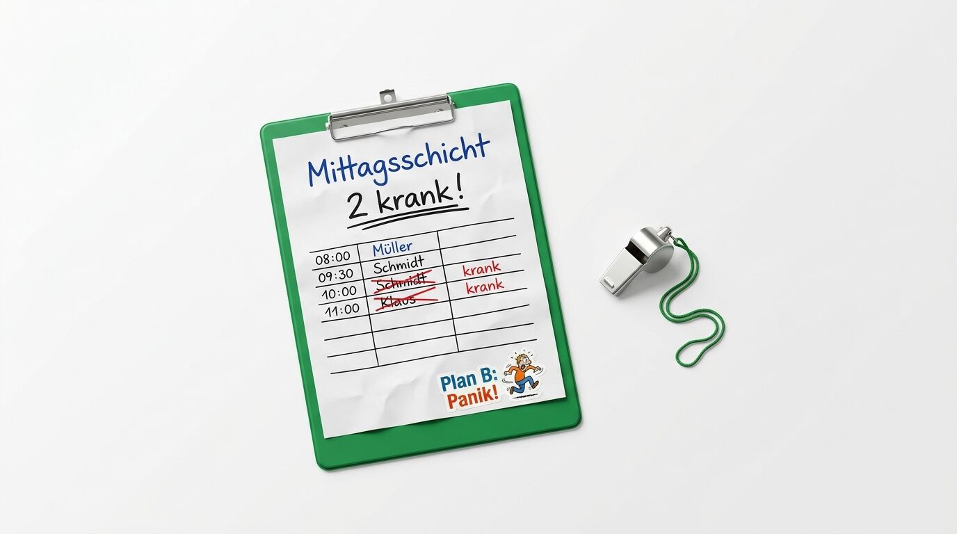 Ein Klemmbrett mit Dienstplan, handschriftlichem Text und eine Trillerpfeife