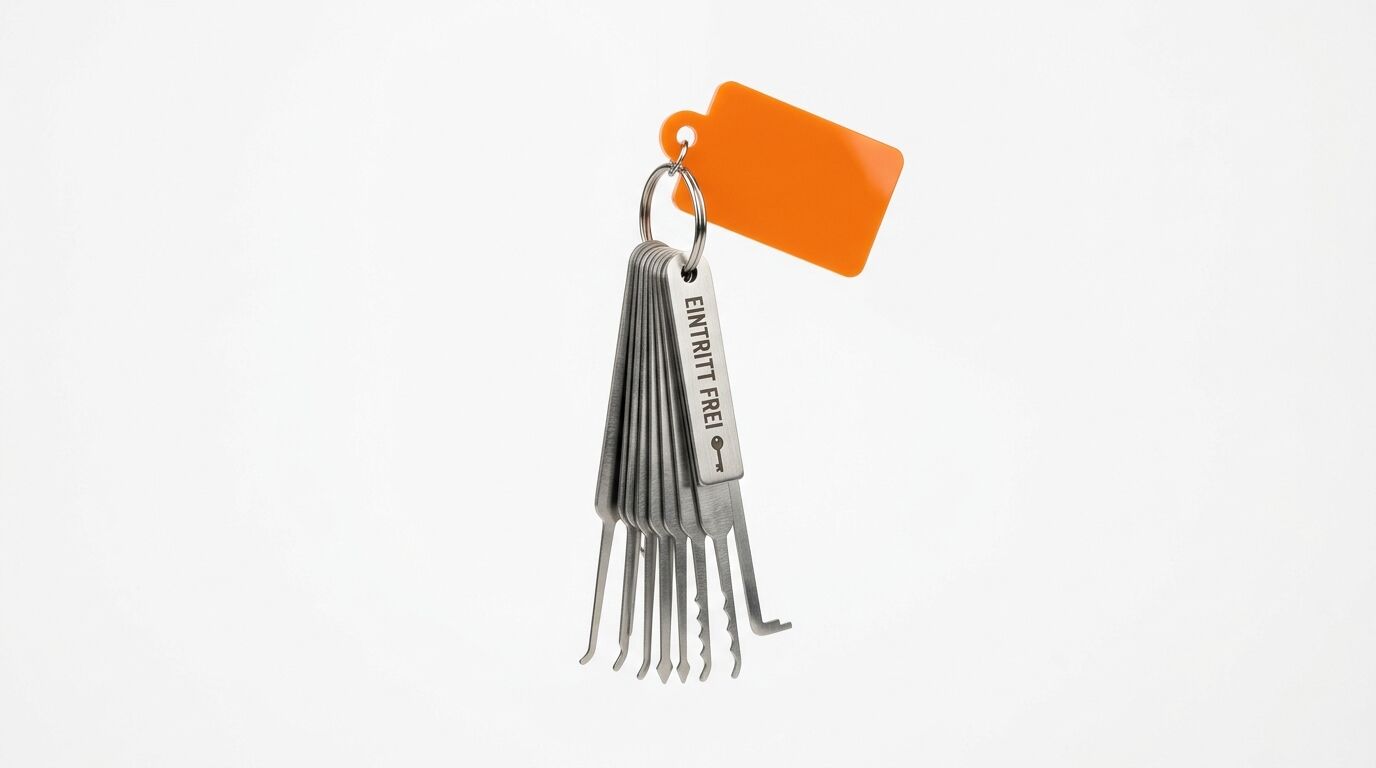Lockpicking-Set mit „EINTRITT FREI“ Aufschrift und orangem Anhänger auf weißem Grund