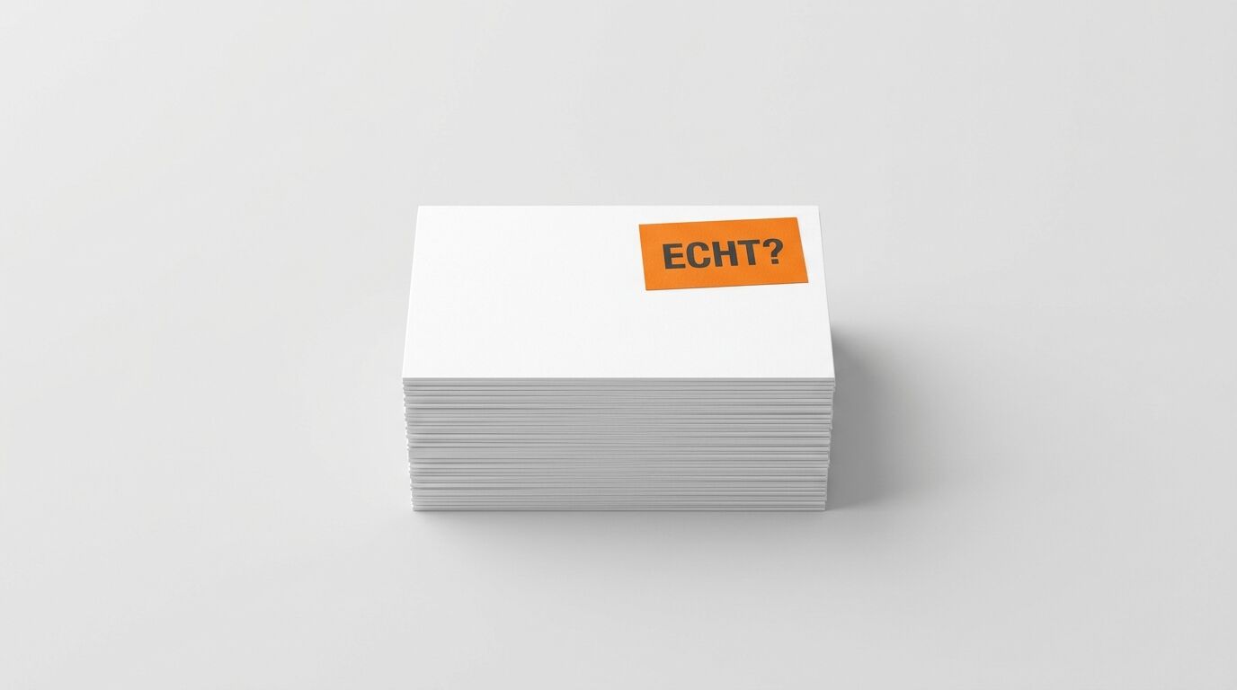 Kartenstapel mit orangefarbenem Sticker „ECHT?“ auf grauem Grund