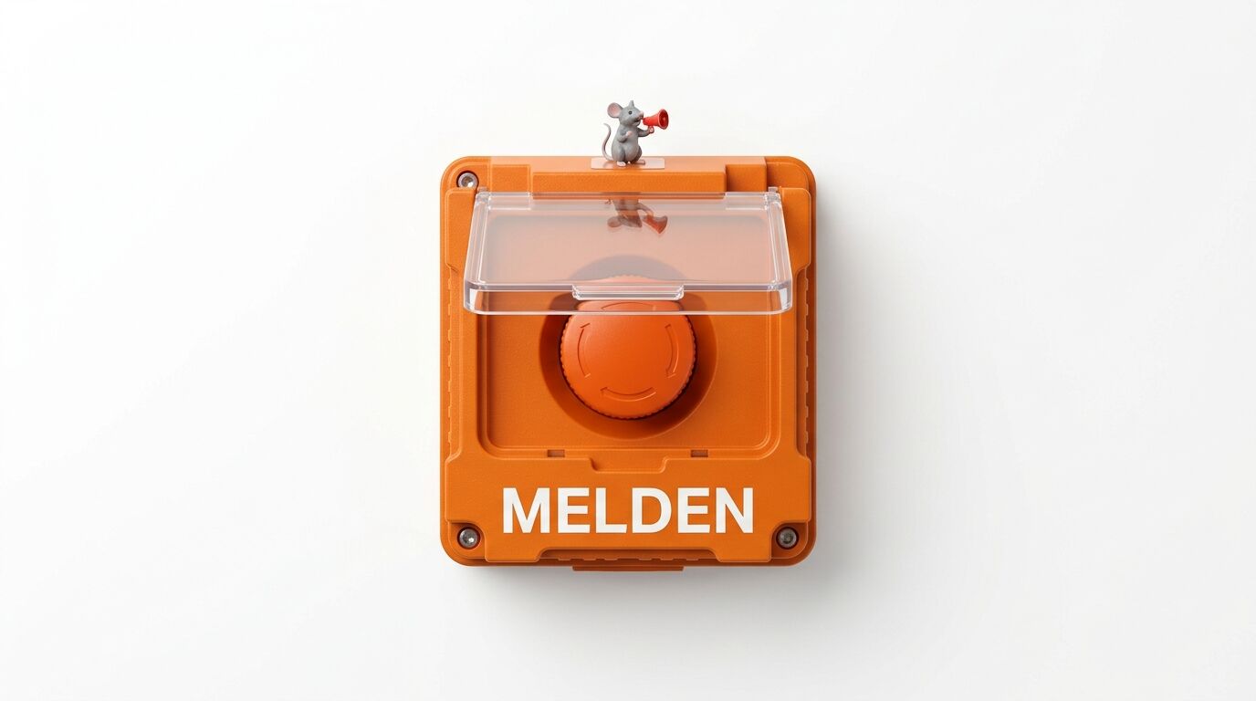 Oranger Taster mit Schriftzug MELDEN und einer Miniaturmaus mit Megafon