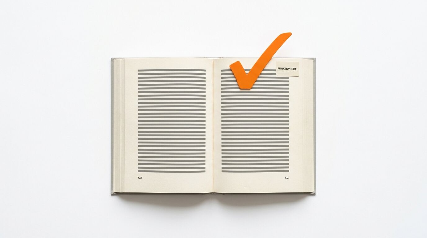 Geöffnetes liniertes Buch mit orangem Haken und Notiz „FUNKTIONIERT!“ auf weißem Hintergrund