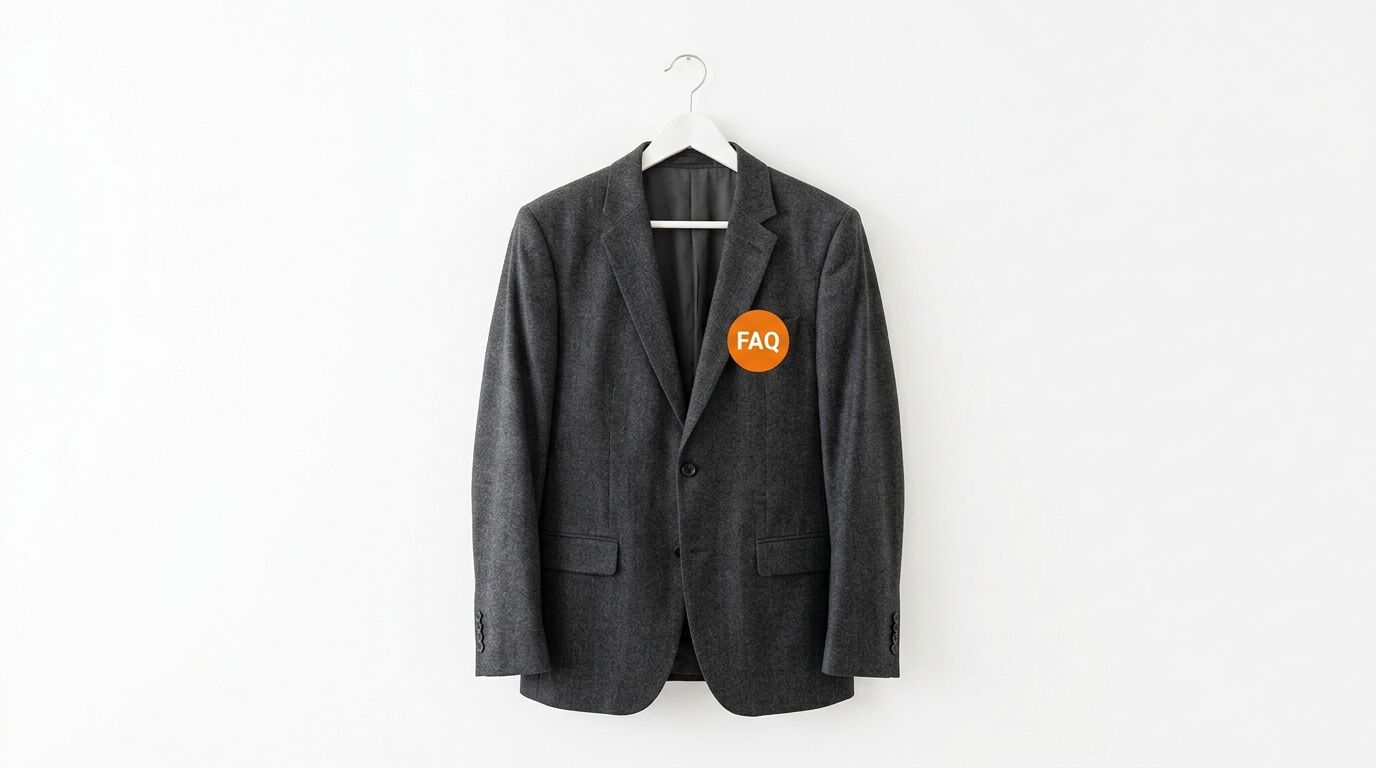 Graues Jackett auf Bügel vor weißer Wand mit orangem „FAQ“-Aufkleber am Revers