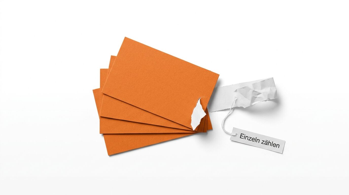 Orangefarbene Karten mit gerissenem Papier und Etikett „Einzeln zählen“ auf Weiß