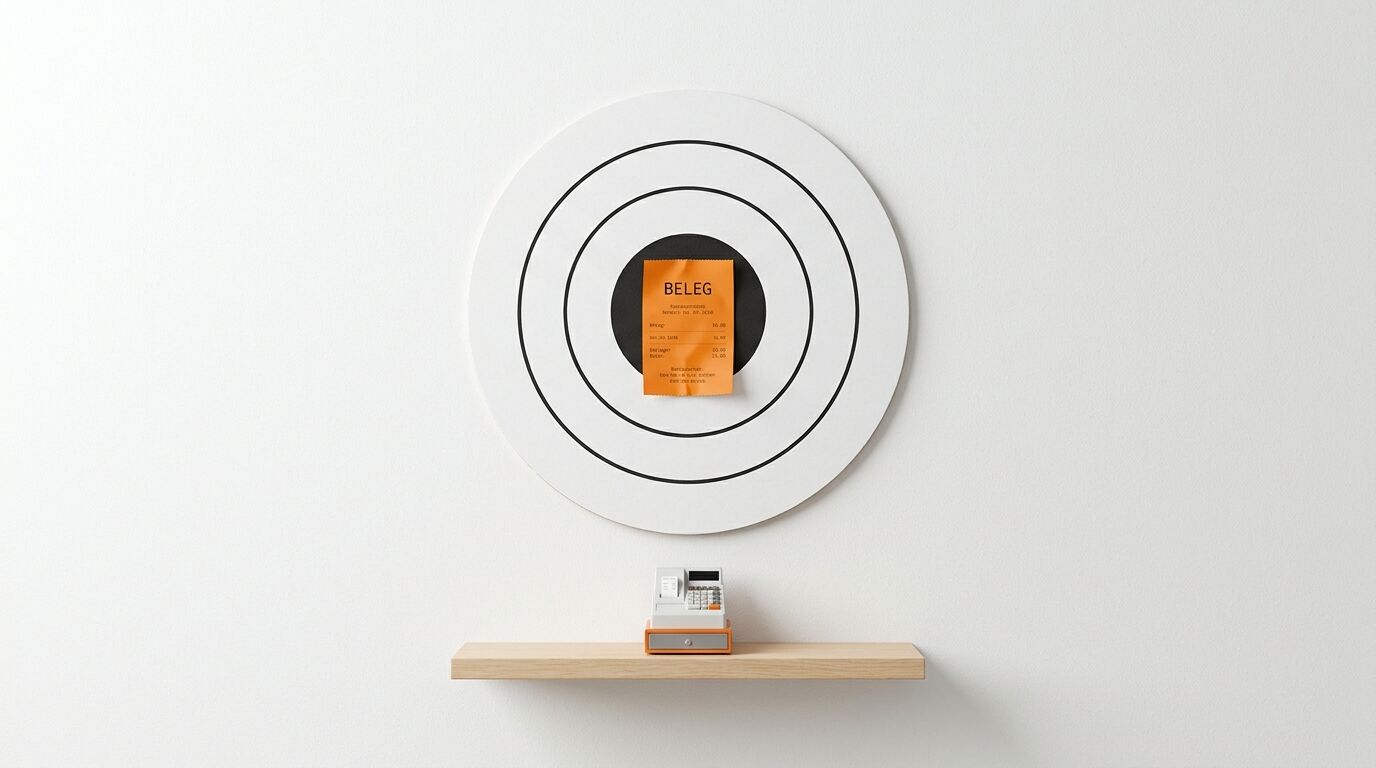 Kasse auf Regal, orangefarbener Beleg in Zielscheibe an der Wand